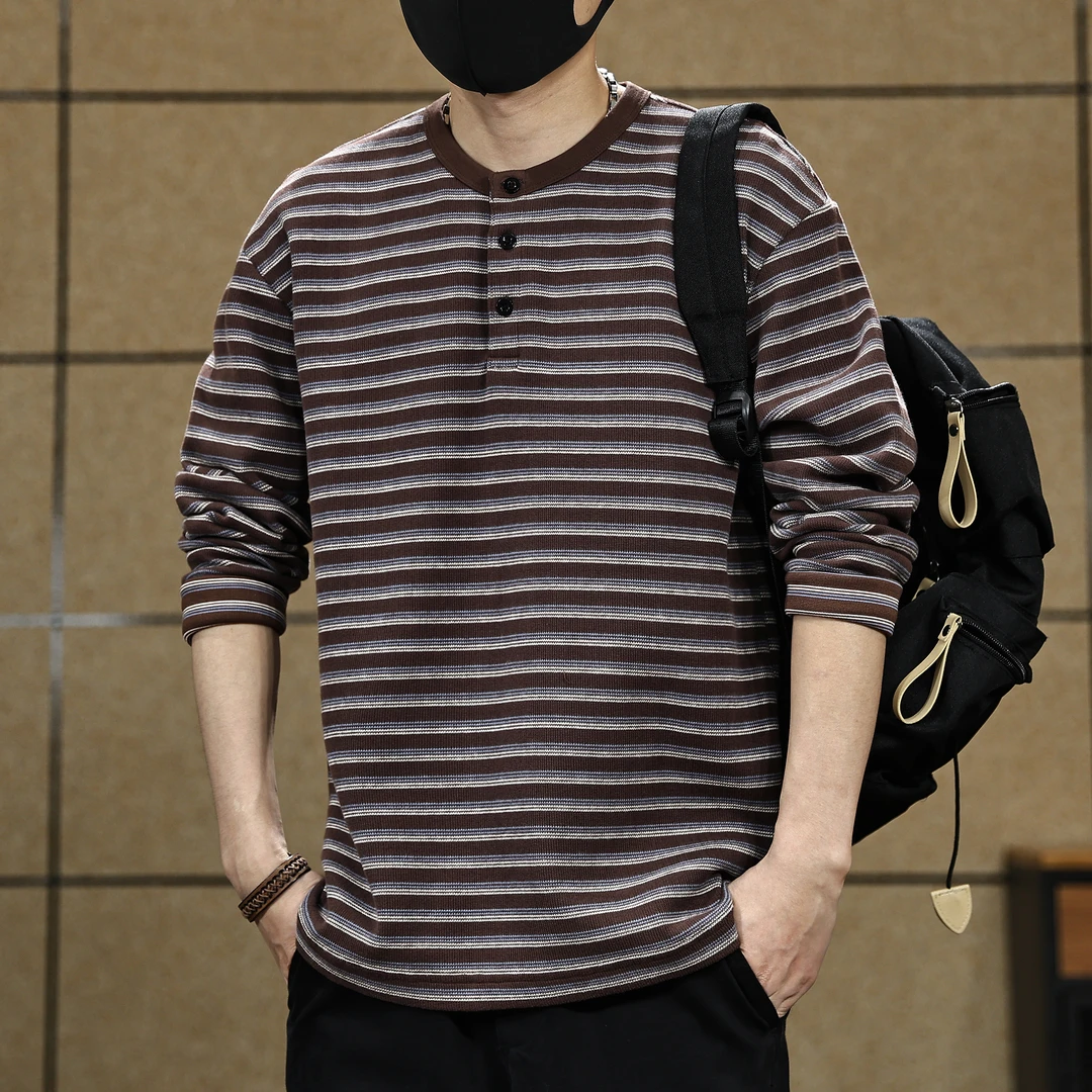 高端重磅360g复古亨利领条纹长袖T恤男秋季新款宽松撞色海魂衫男T