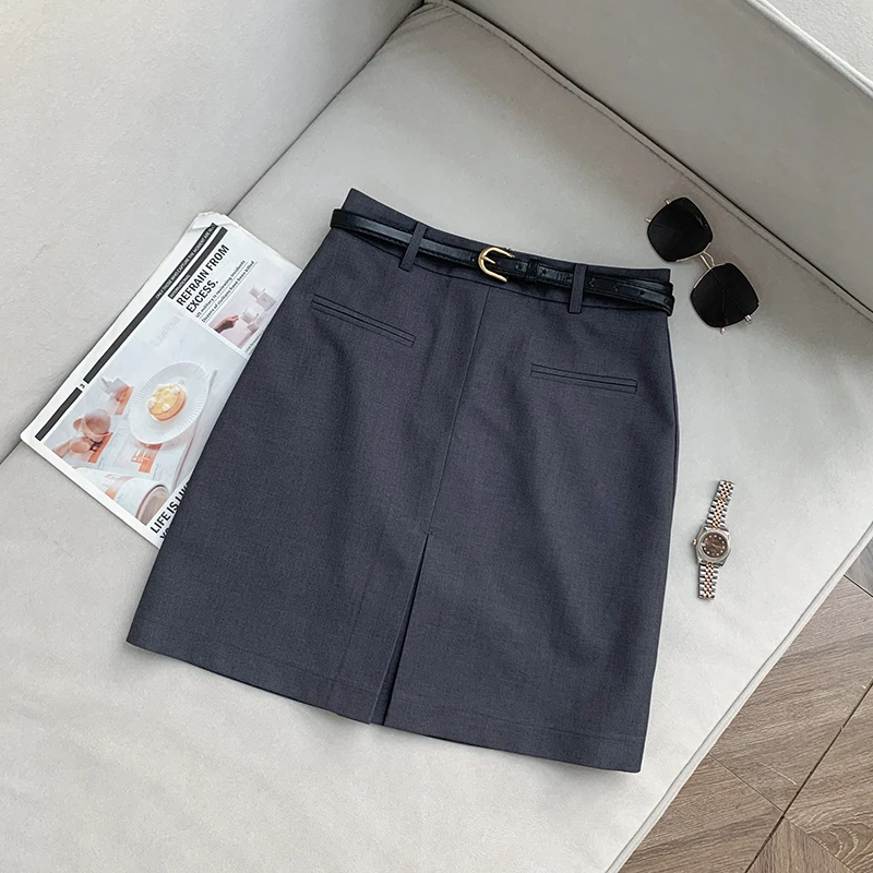 【南油子宸】灰色捏褶设计半身裙高腰显瘦时尚洋气A字短裙 800993