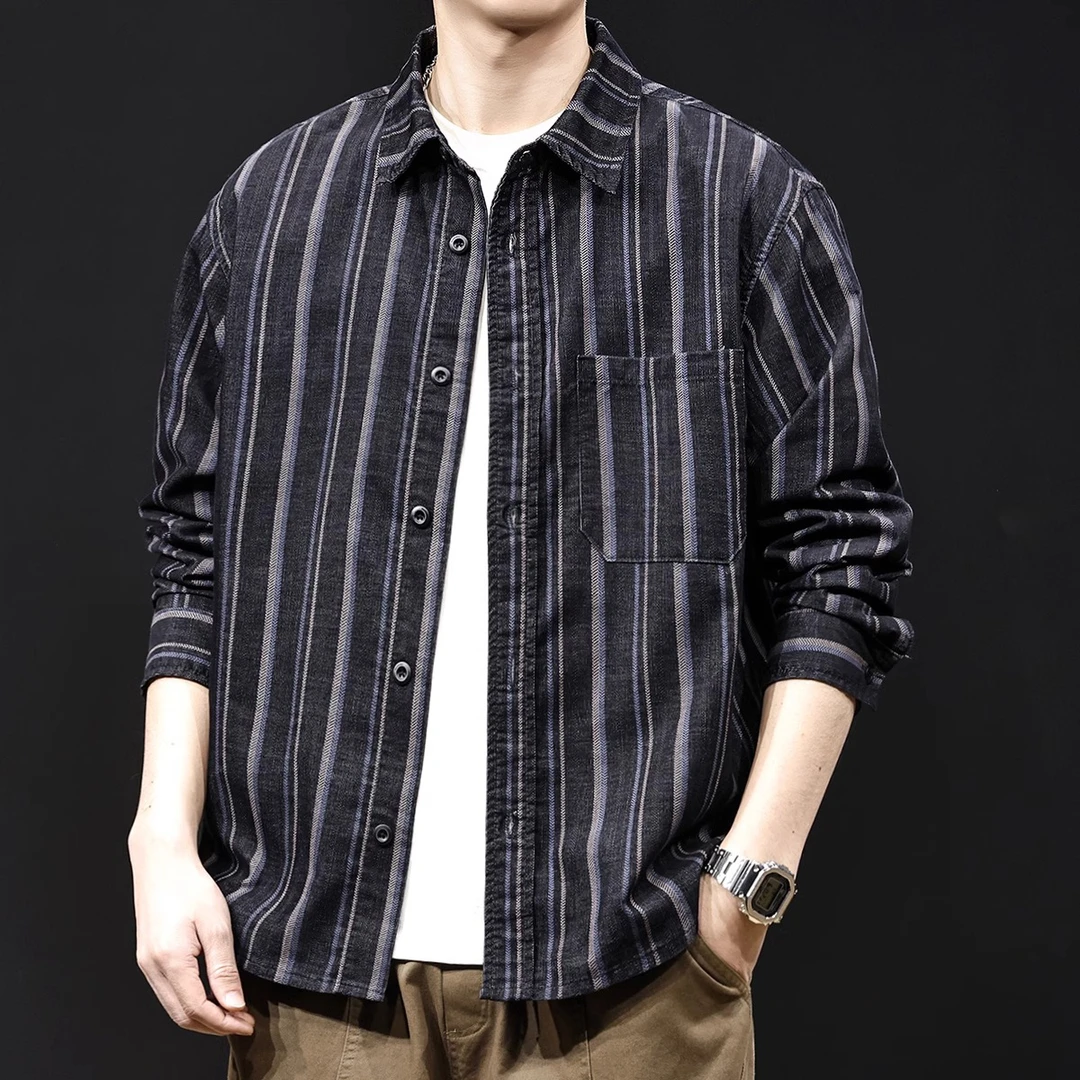 美式黑色条纹衬衫男士外套春季男款2025新款春秋休闲长袖高端衬衣