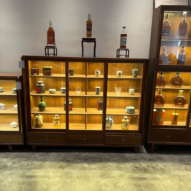 120*150茶室设计四层展示柜边柜老槠木实木茶具收纳中高柜三门柜