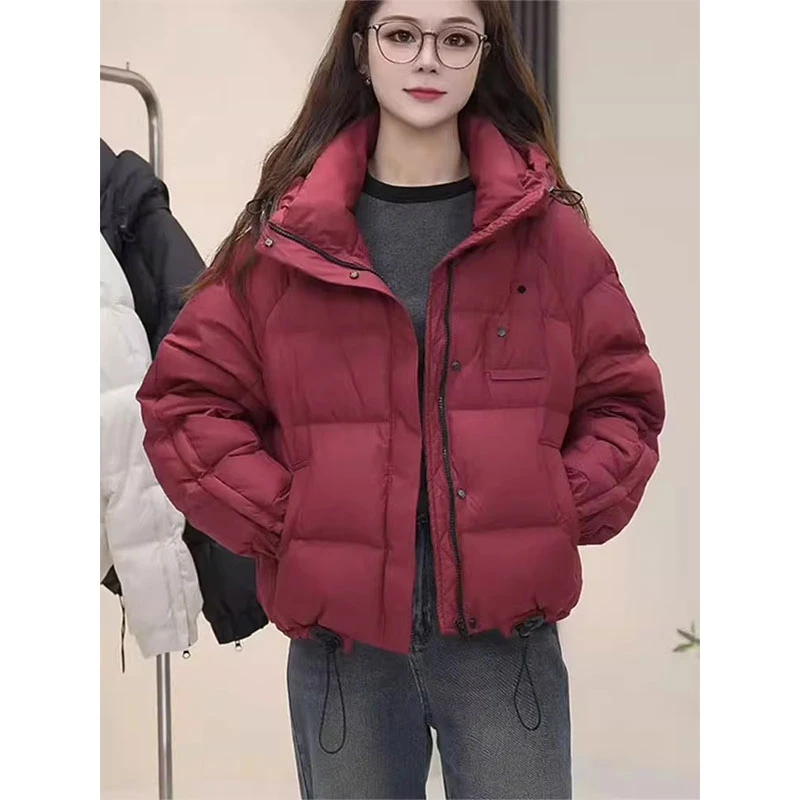 美式复古酒红色棉服女2024冬季新款立领宽松短款本命年棉衣厚外套