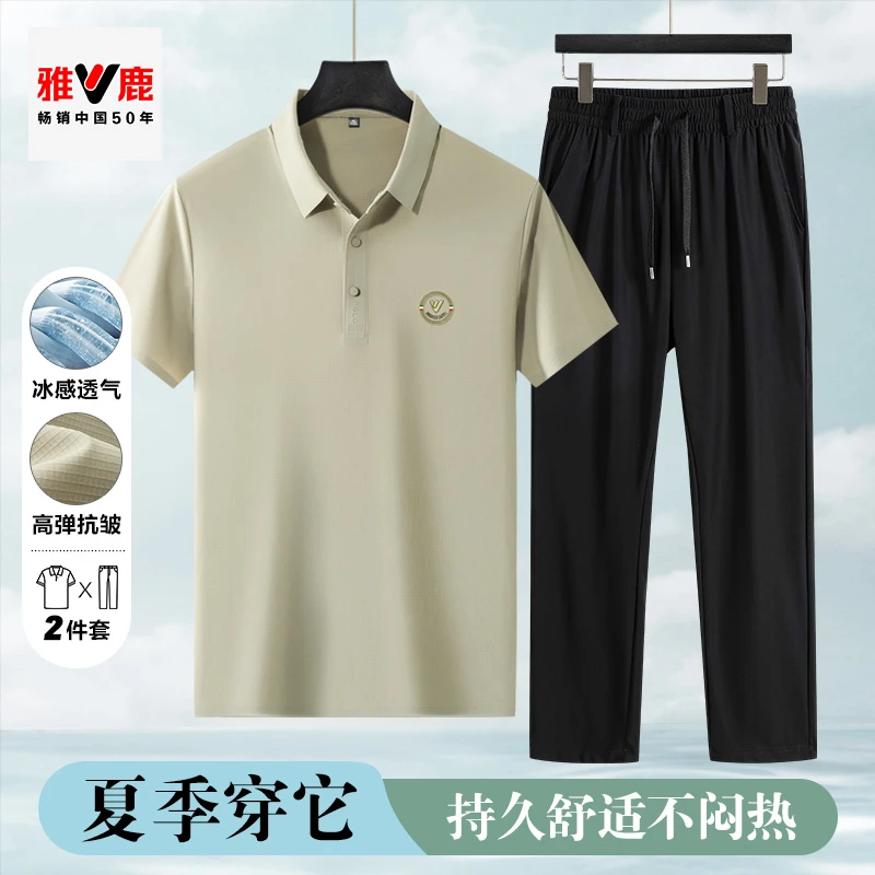 V/雅鹿翻领短袖压花夏装高弹上衣时尚套装夏季套装长裤轻职风纯色