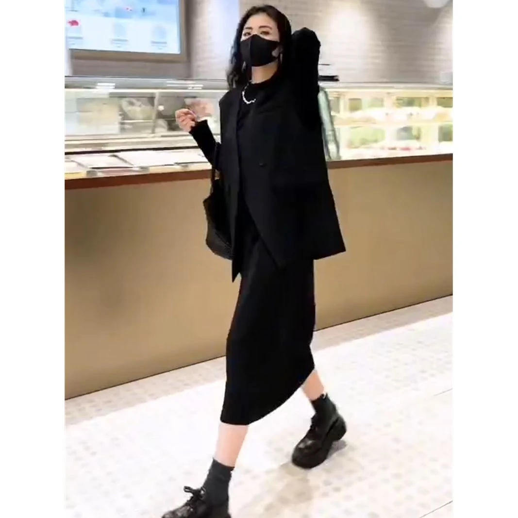 春秋大码休闲套装女韩版宽松直筒中长款长袖连衣妈妈大码遮肚裙子