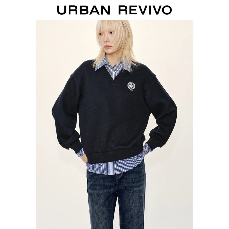 UR2026春季新款女装休闲撞色假两件刺绣图案卫衣UYY450342