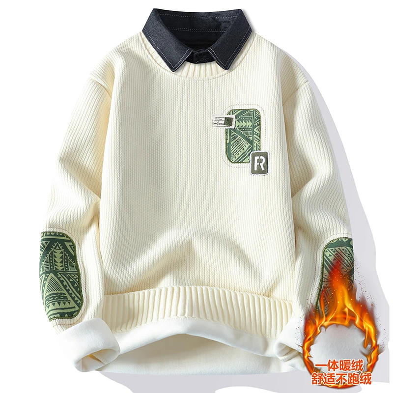 【高品质】2025新款秋冬季毛衣男款假两件衬衫领加绒加厚打底针织衫