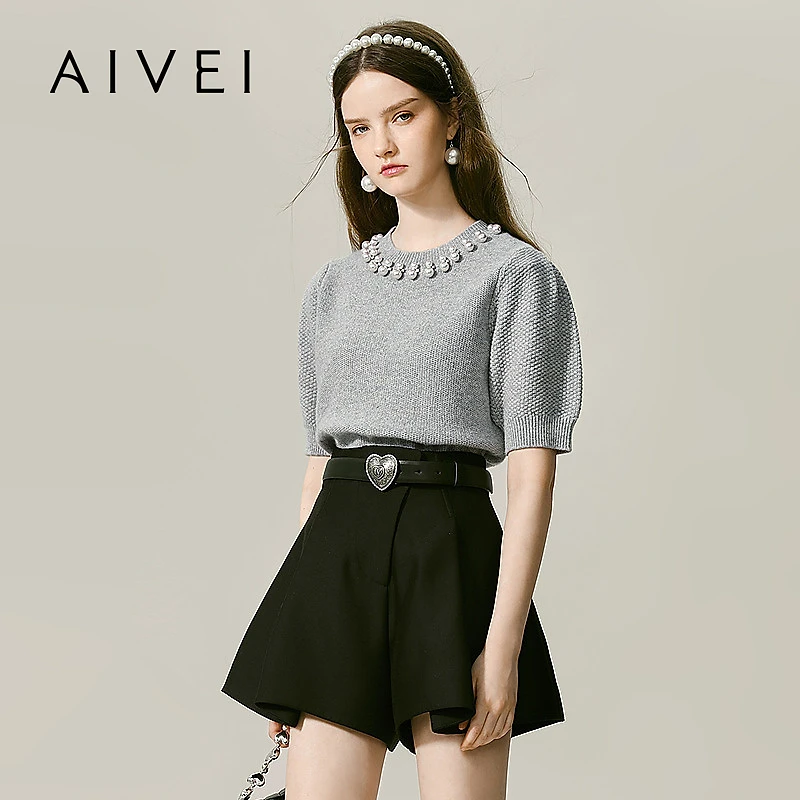 【胡连馨同款】AIVEI艾薇秋新洛珠系列温柔甜美短袖针织衫R757005A