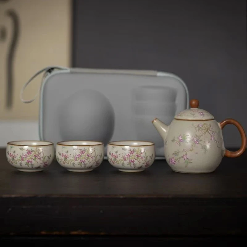 紫藤花圆杯旅行茶具套装一壶三杯便携式带包户外家用陶瓷客杯壶