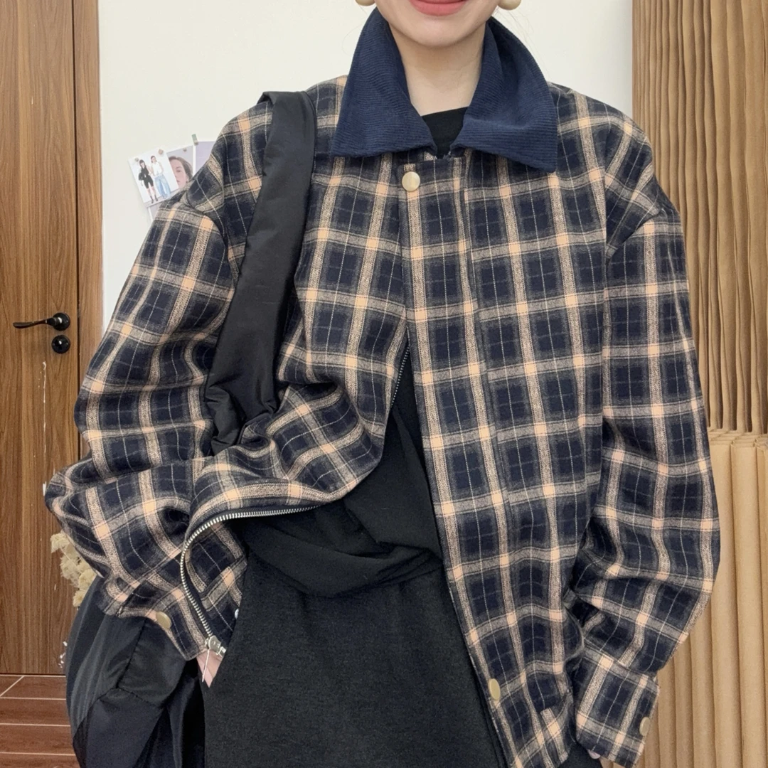 （一夜暴富）秋冬格子翻领撞色夹克外套休闲百搭