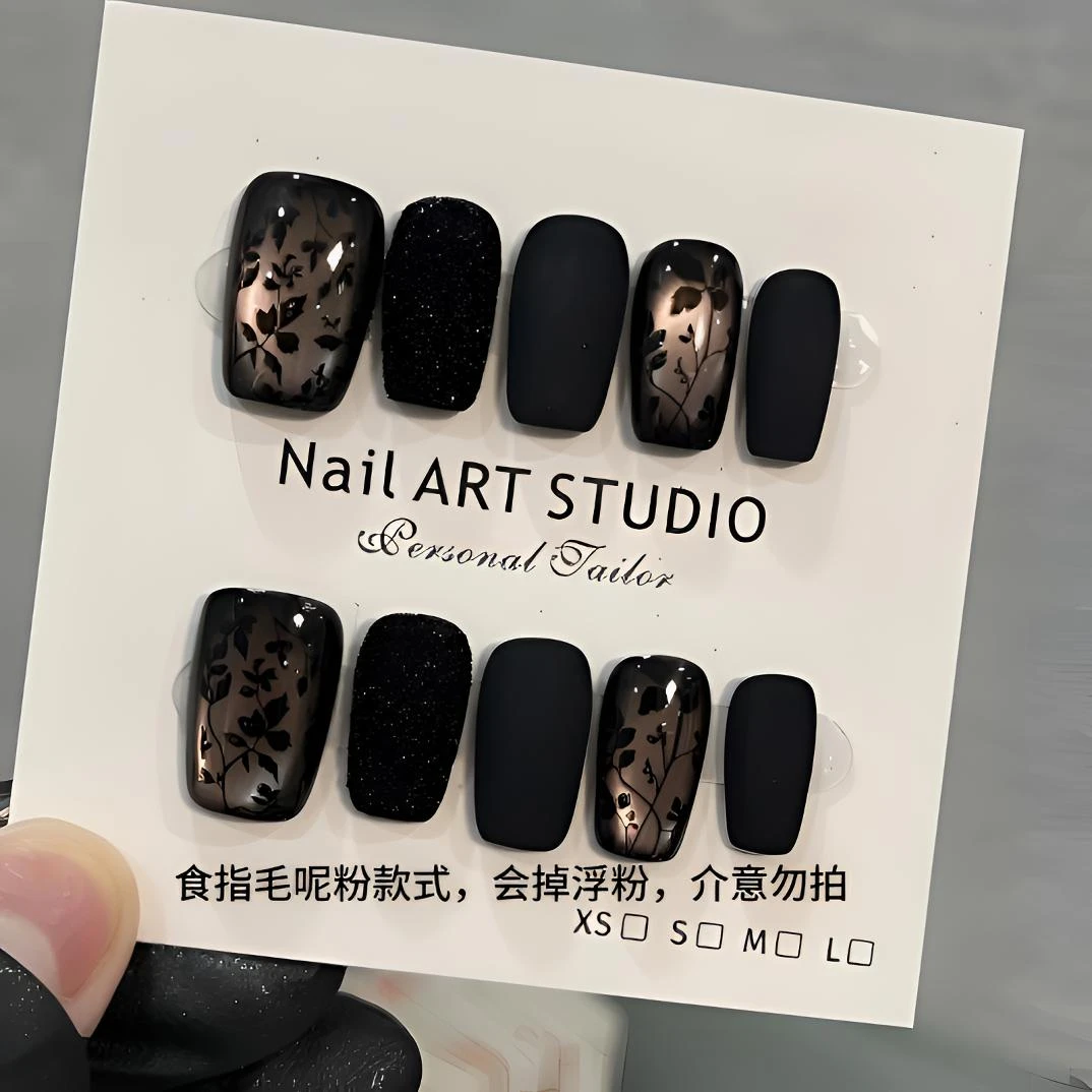 磨砂印花穿戴式纯手工穿戴甲黑色气质显白高级美甲复古毛呢国风