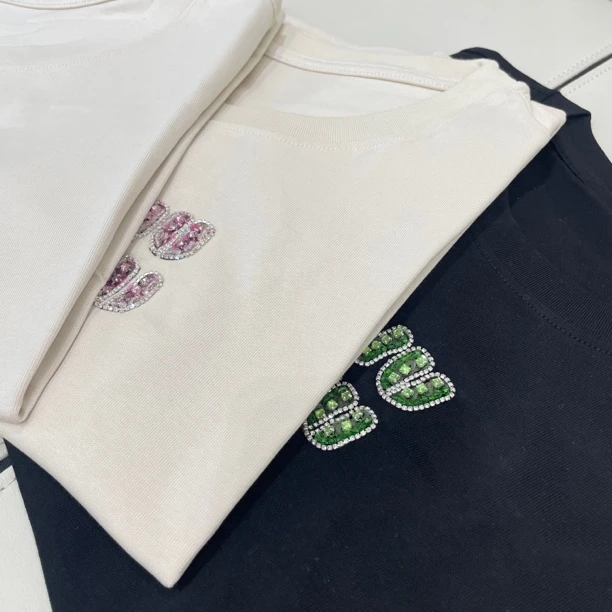 手工缝钻字母纯棉T恤#7686