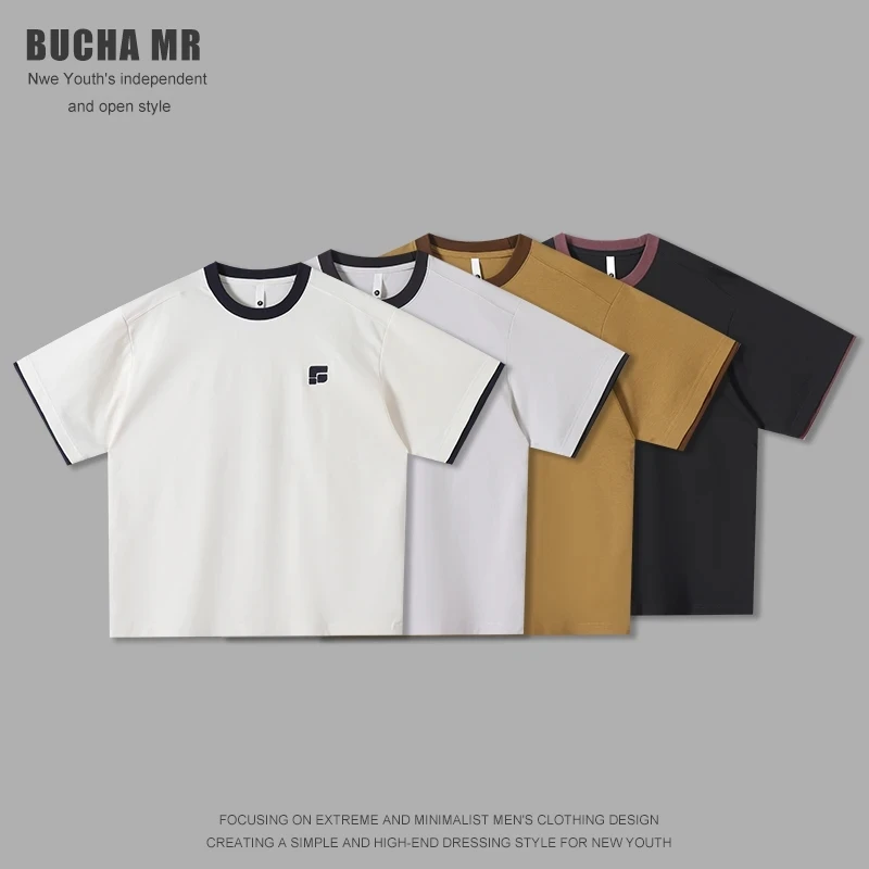 撞色刺绣假两件短袖T恤夏季透气舒适百搭半袖宽松休闲圆领体恤男t