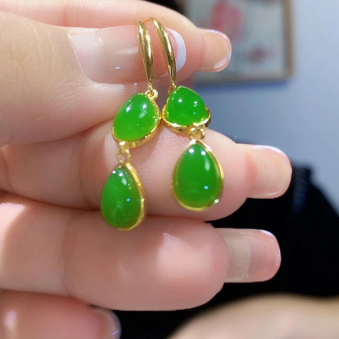 和田玉（碧玉）耳饰银S925镀金镶嵌