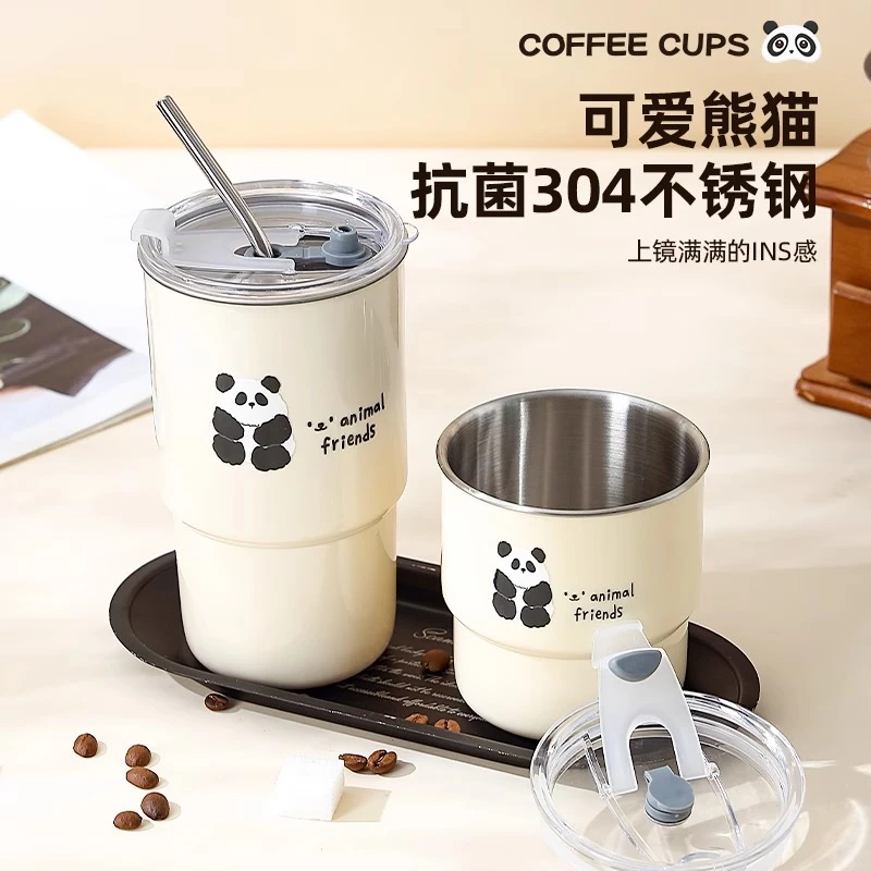 咖啡杯不锈钢保温杯可爱马克杯外出携带杯子办公室水杯吸管杯家用