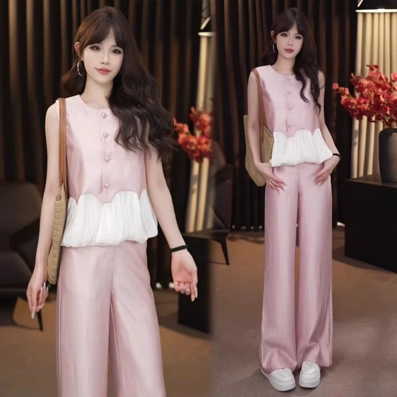小香风套装女2025夏季新款洋气荷叶边拼接上衣阔腿裤气质两件套潮