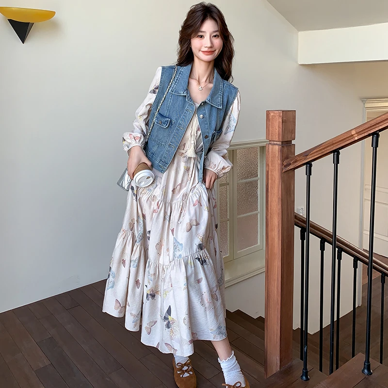复古牛仔马甲套装女春季2025新款法式浪漫氛围感印花连衣裙两件套