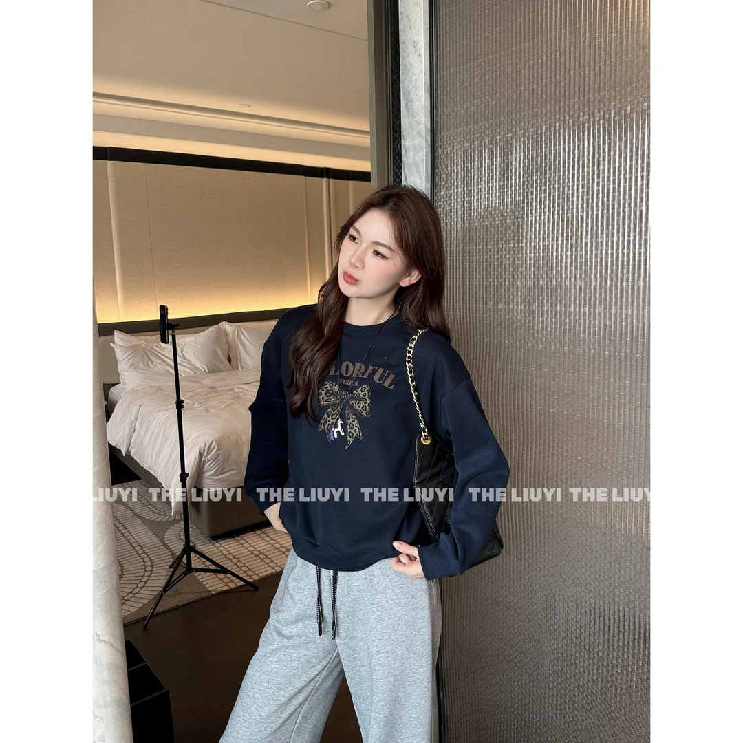 【LIUYI】韩系豹纹蝴蝶结加绒加厚圆领卫衣51013