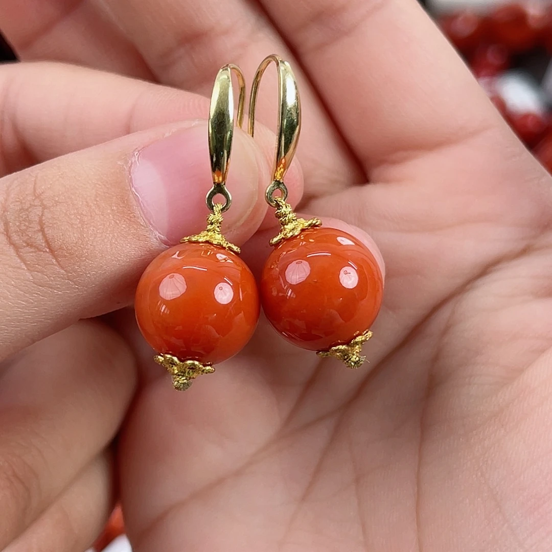 南红玛瑙银S925镶嵌瓦西柿子红满肉耳勾13mm