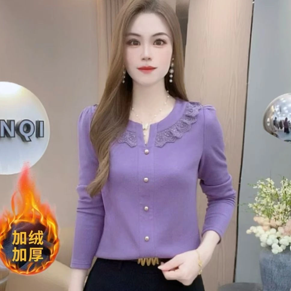 [有运费险]秋冬新款T恤长袖圆领花边显瘦减龄百搭洋气上衣T恤小衫