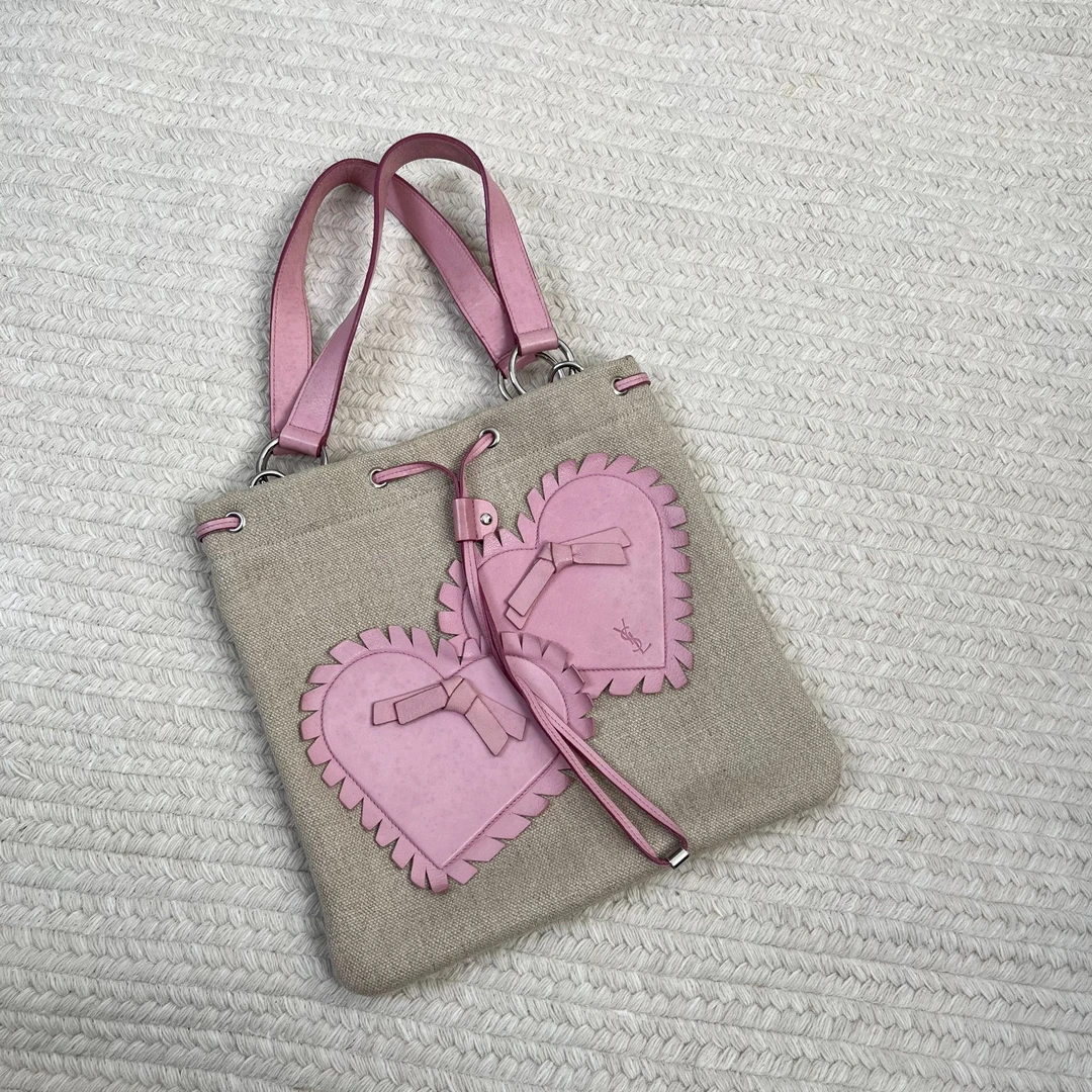 95新 YSL/圣罗兰 粉色爱心托特单肩腋下包