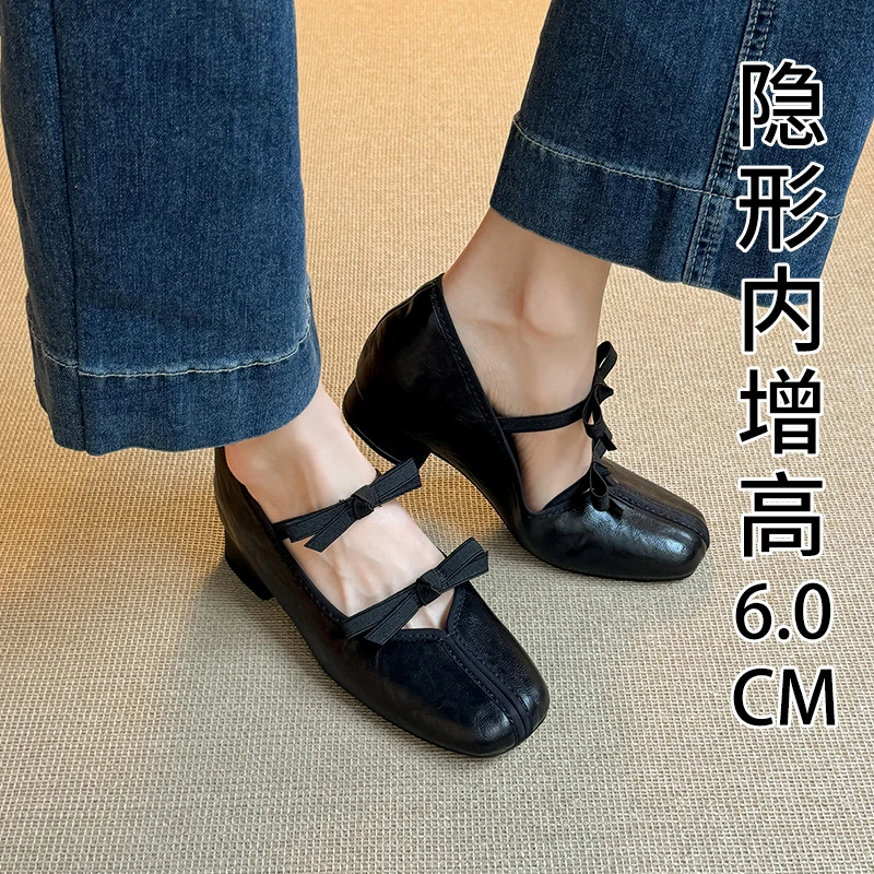 舒适软底不累脚法式芭蕾鞋女鞋配裙子复古蝴蝶结内增高玛丽珍单鞋