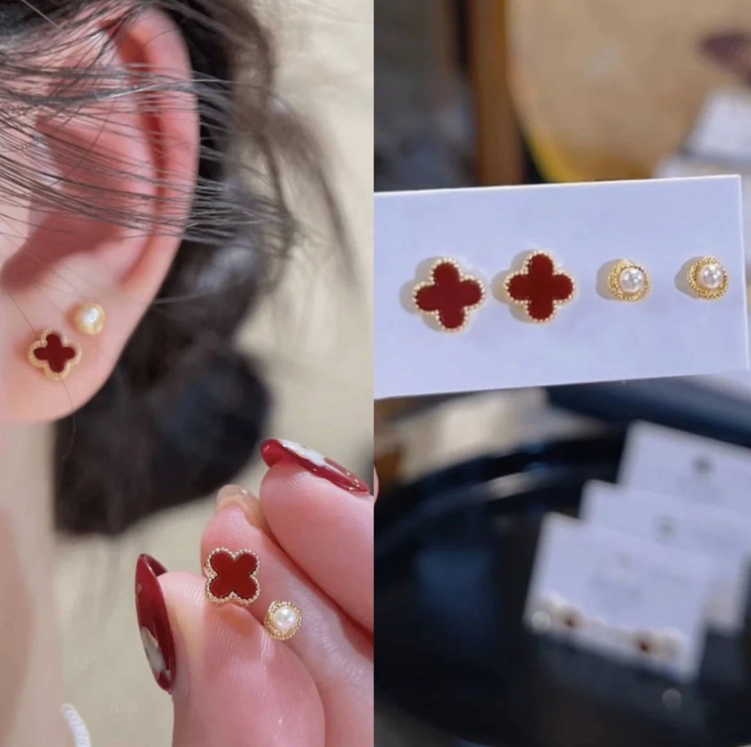 铜合金耳饰 红色幸运草珠珠耳钉四件套精致百搭轻奢气质法式