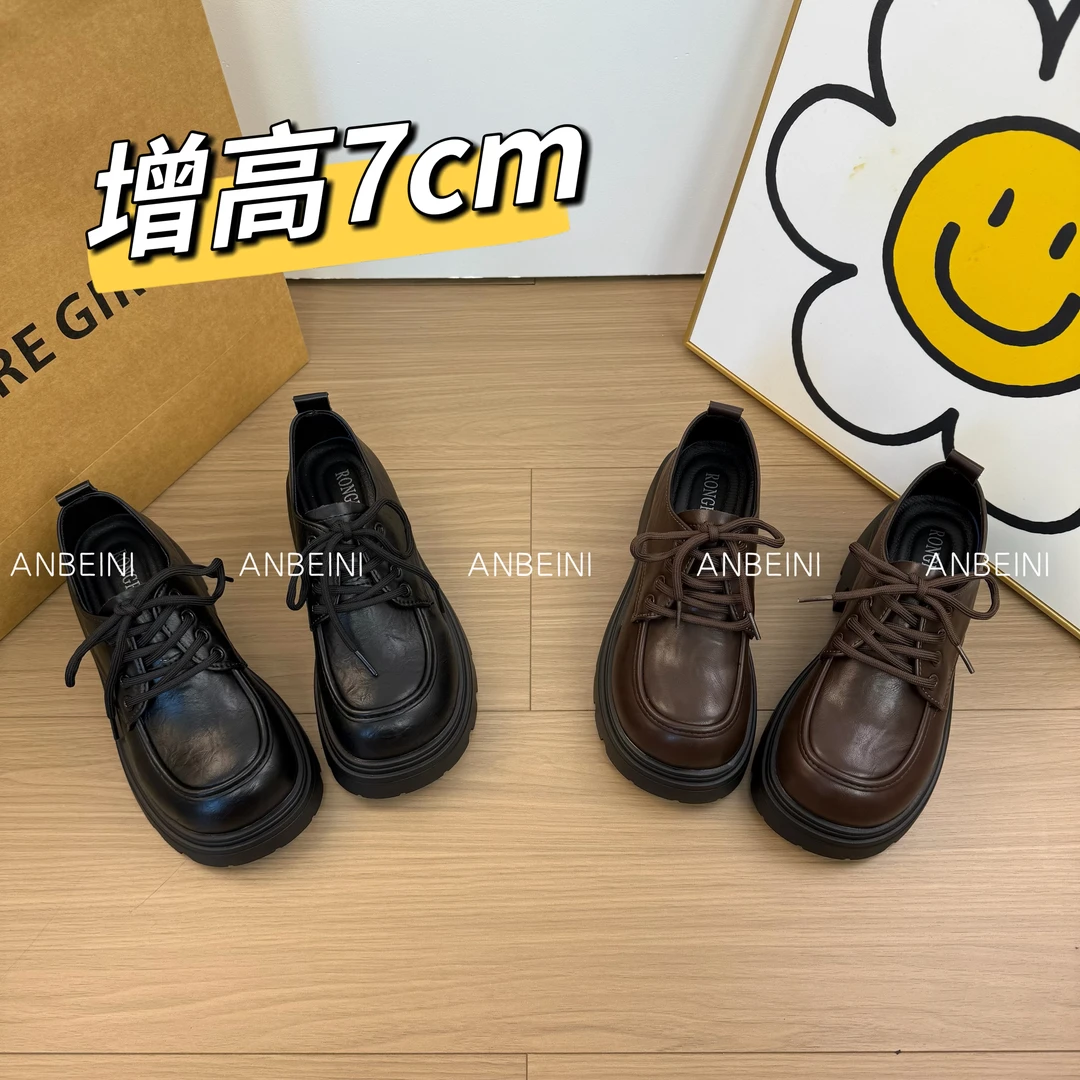 棕色高跟乐福鞋女厚底松糕鞋女款英伦风增高小皮鞋马丁单鞋jk女鞋