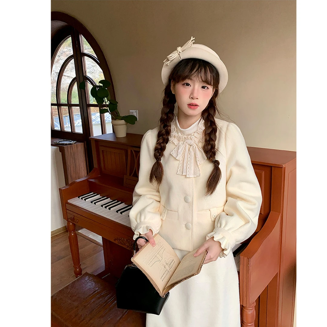 sinsingirl 千金风米白色毛呢套装女短款毛呢外套+蝴蝶结半身裙