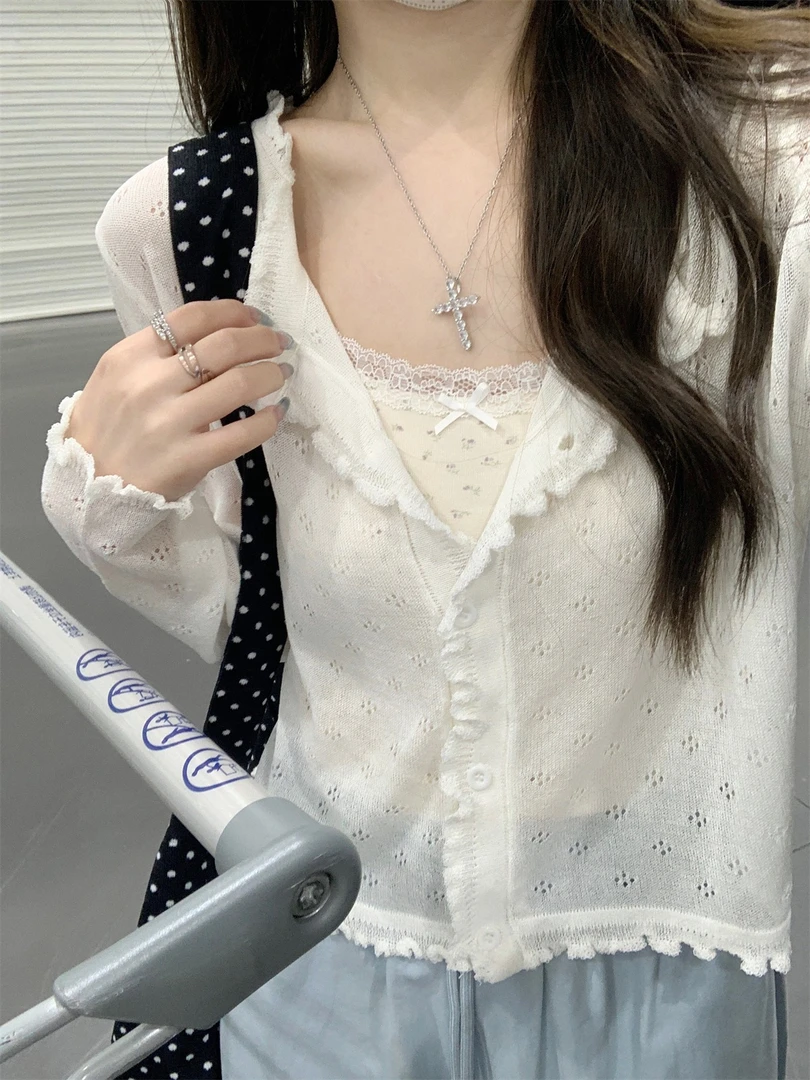 韩版宽松木耳花边针织开衫女春季2025新款镂空仿亚麻薄款防晒上衣