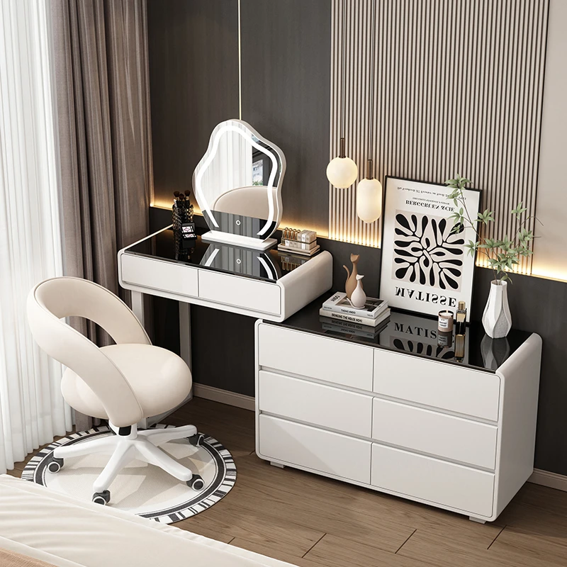 新款实木奶油风梳妆台现代简约卧室家用化妆台三斗柜转角柜化妆