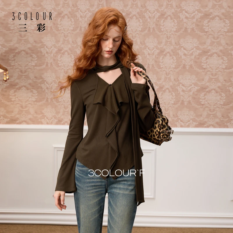 三彩独醒2025冬季新款荷叶边T恤飘带喇叭袖上衣修身F