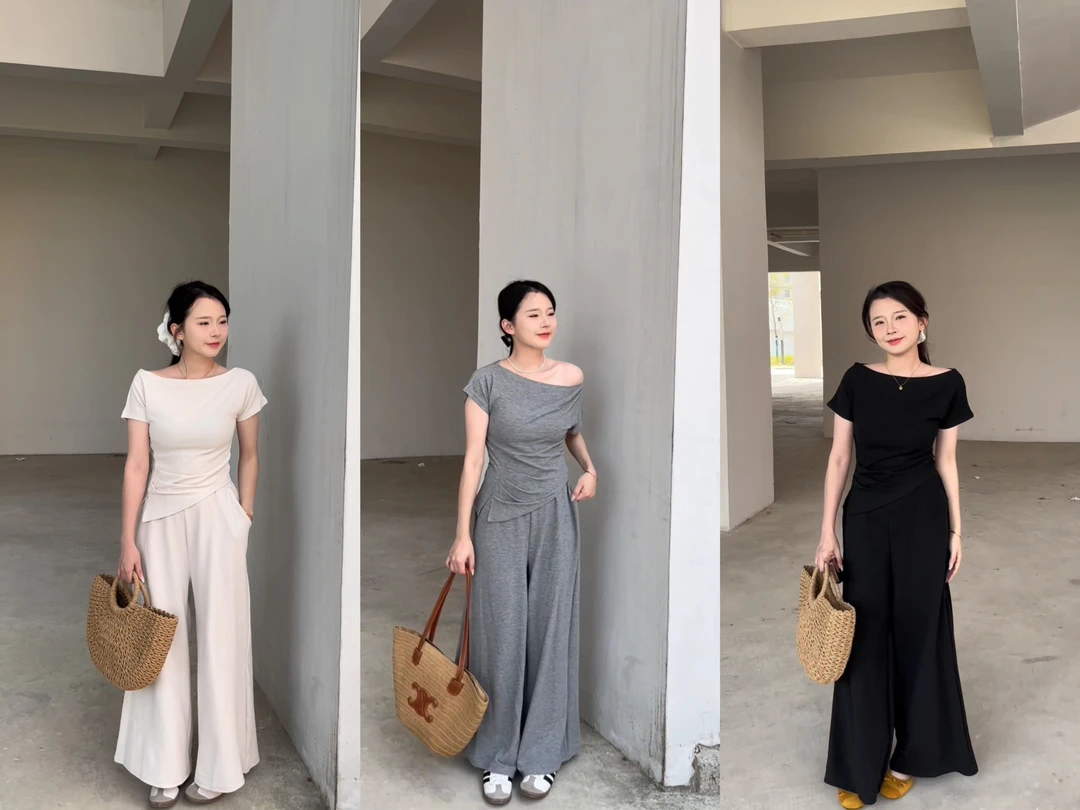 清仓年夏季新款时尚百搭圆领短袖上衣+高腰显瘦阔腿阔腿裤两件套