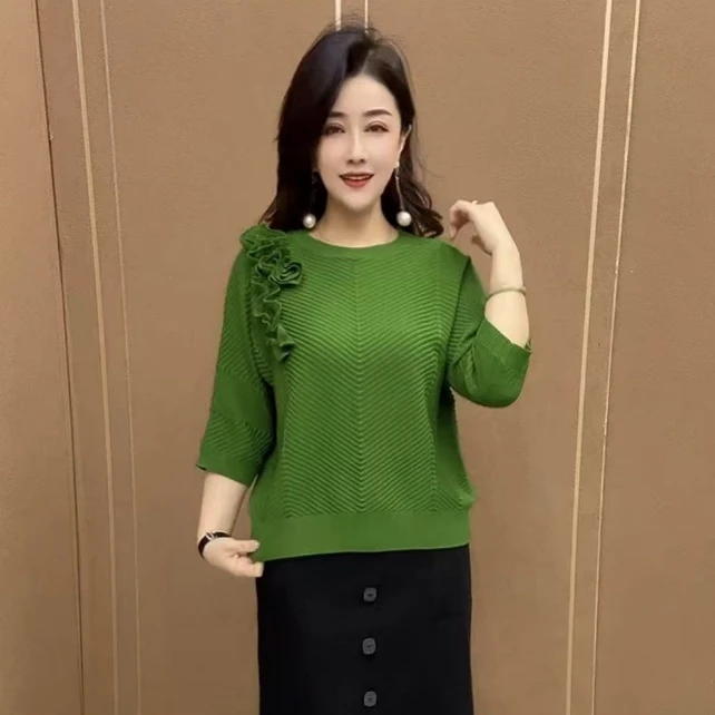 FZ带花设计七分袖褶皱洋气百搭打底衫