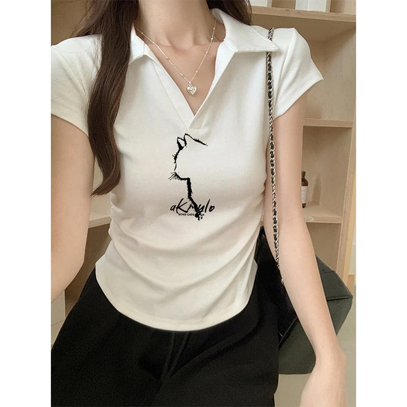 夏季小个子收腰显瘦韩系辣妹polo领洋气上衣漂亮印花短袖T恤女装