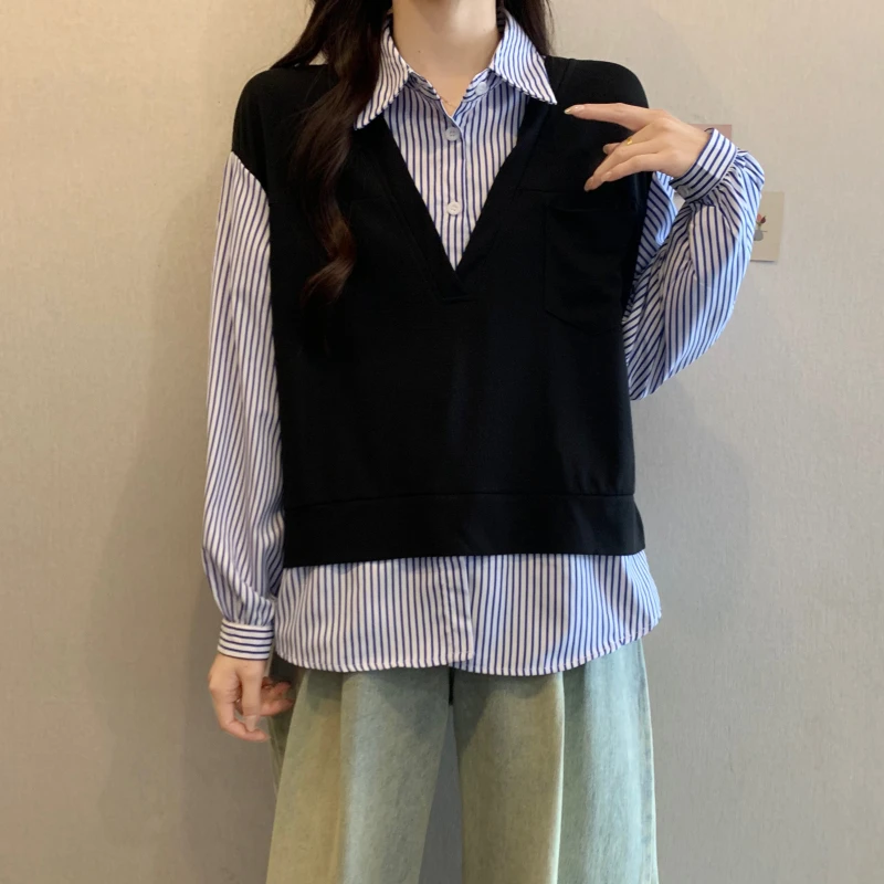 大码女装假两件条纹拼接宽松衬衫秋季胖MM显瘦遮肚设计感洋气衬衣