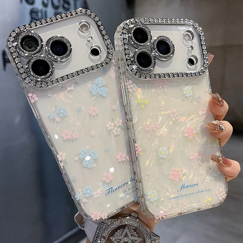 适用苹果系列iPhone17新款手机壳樱粉蝴蝶结小碎花全包满钻精孔框