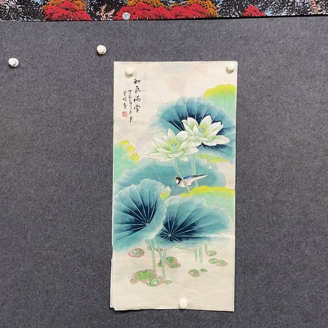 国画三尺工笔荷花一副