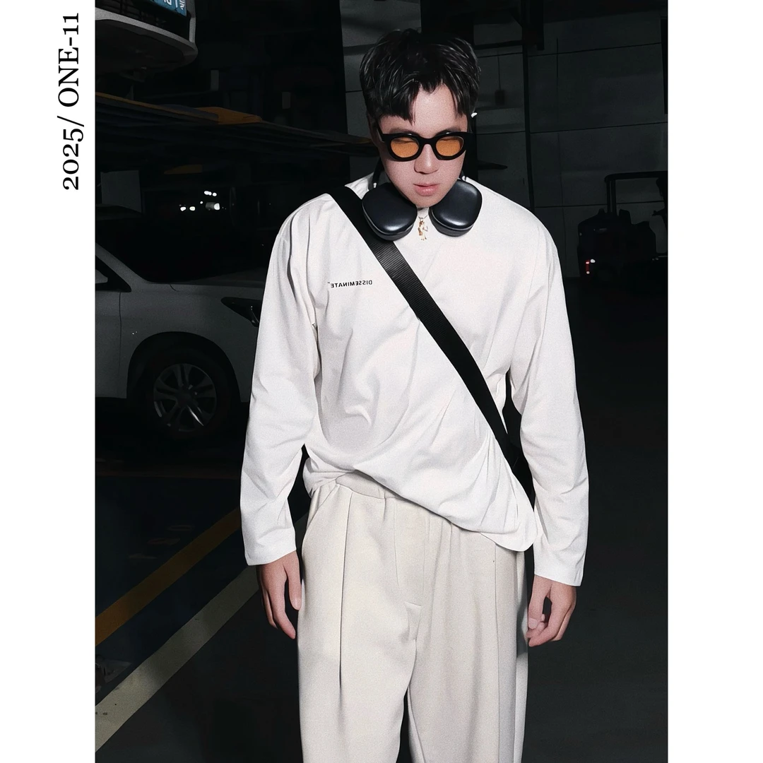 小领口重磅潮牌宽松长袖t恤秋冬植绒印花男生体恤防晒速干打底