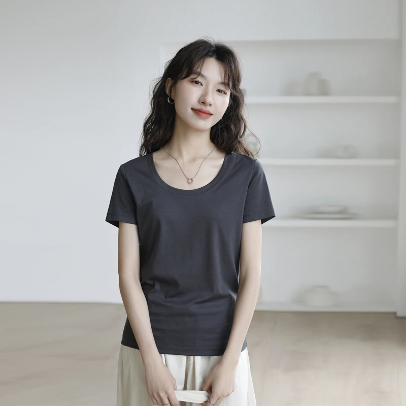 桑蚕丝t恤女短袖U领露锁骨正肩通勤休闲外穿大圆领半袖打底衫上衣