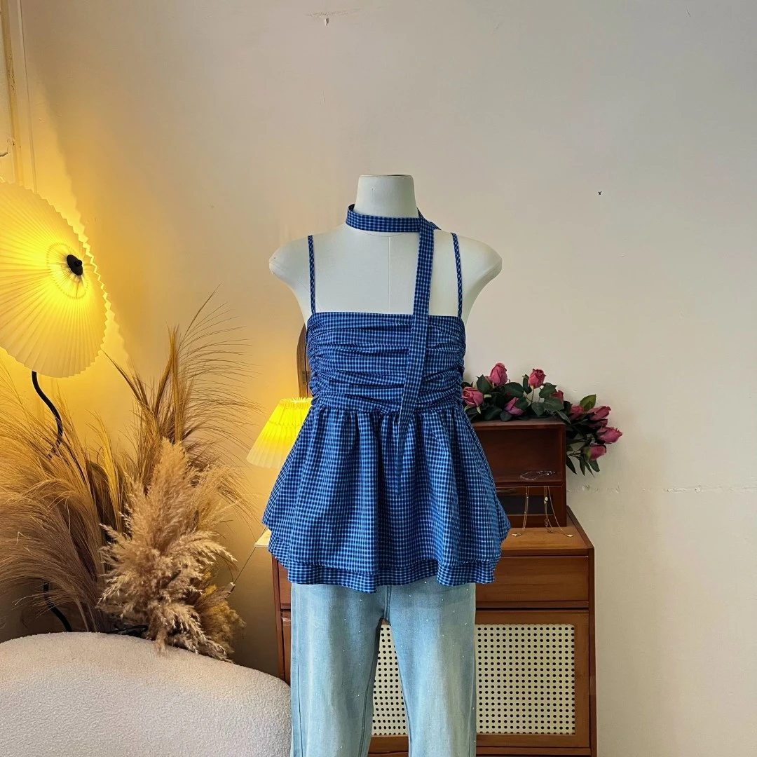 LHTE青青大码女装 夏季新款显瘦设计师款气质上衣挂脖C5716蓝色