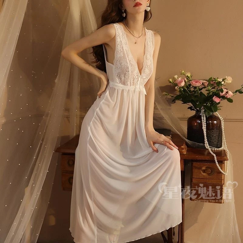 【银纱神女】性感网纱诱惑睡衣长款纯欲火辣睡裙甜美家居服套装f