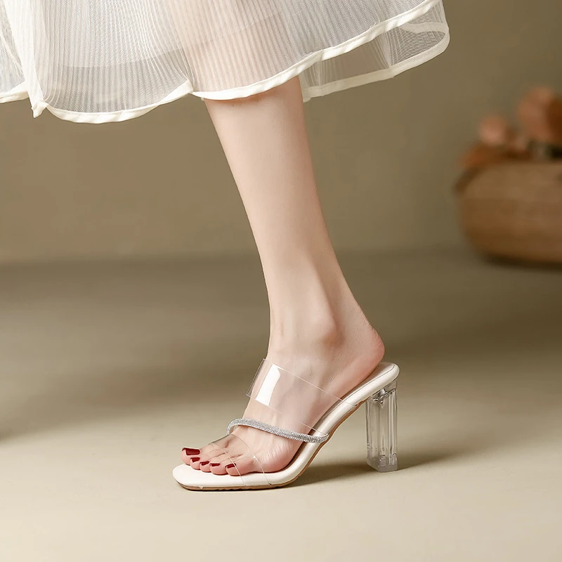 百搭踩屎感法式露趾水钻透明水晶跟绝美凉鞋女夏季粗跟高跟鞋外穿