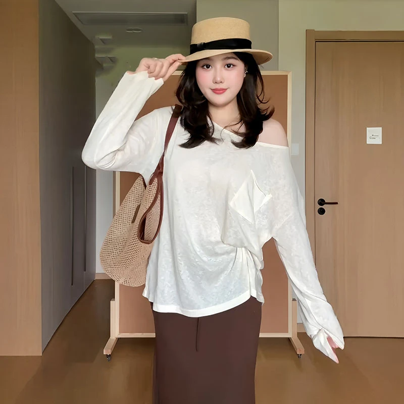 【青青】大码套装女2025秋冬斜肩t恤罩衫显瘦半裙减龄两件套9619