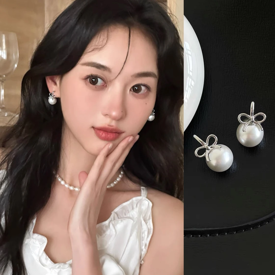 铜合金仿珍珠耳饰 925银针温柔蝴蝶结珍珠耳环女耳钉高级气质耳饰
