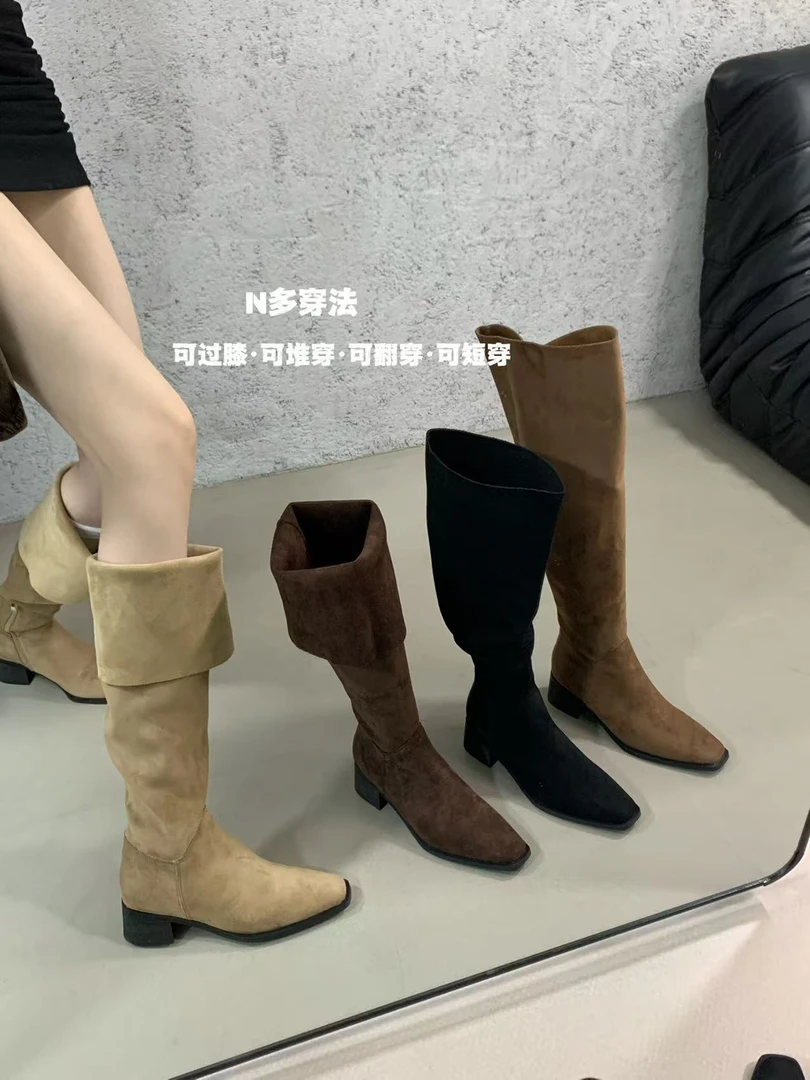 一靴多穿！粗跟过膝靴子女鞋卡其色长靴2025新款秋冬堆堆靴骑士靴