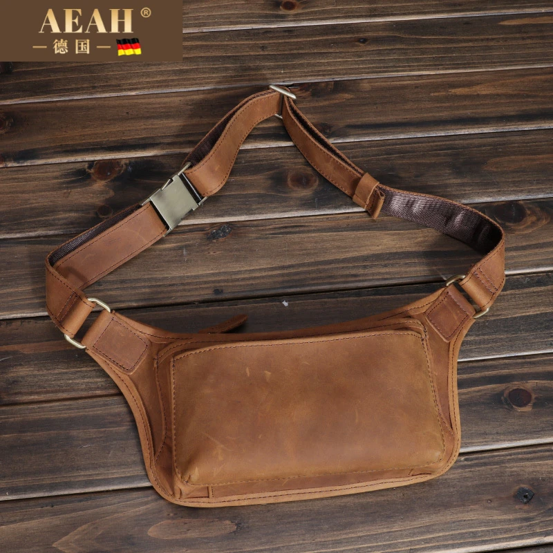 AEAH新品手机腰包疯马皮男包男士腰包户外运动腰包跨境真皮胸包牛