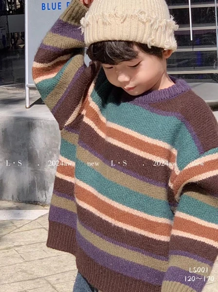 条纹男拼色毛衣针织衫上衣洋气打底衫童装圆领套头宽松