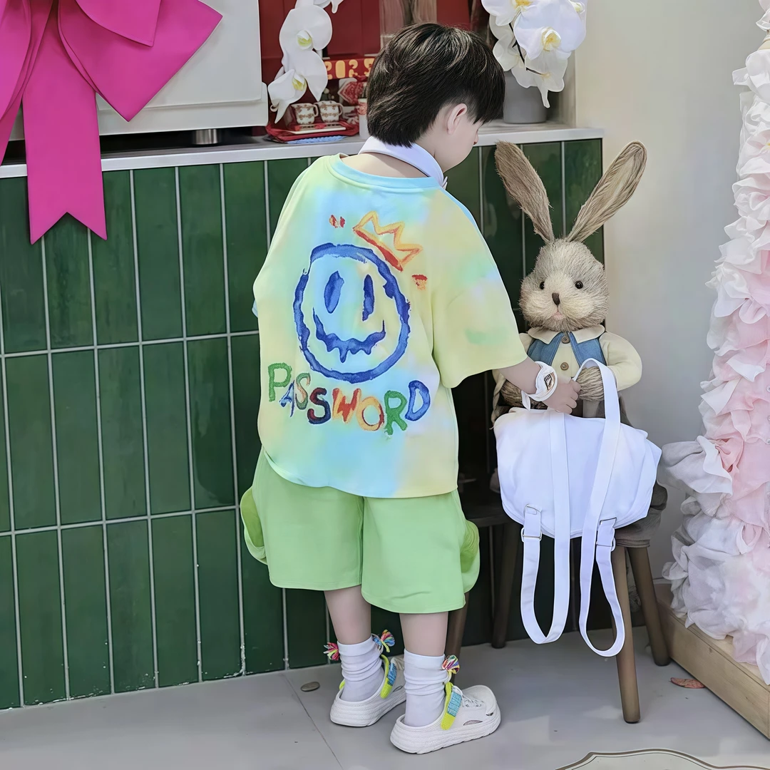 童装 森林精灵 男童夏季新款儿童纯棉笑脸印花彩色扎染短袖T恤