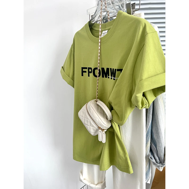 2025夏季爆款显瘦重磅设计感宽松正肩绿色100棉时尚字母印花短袖