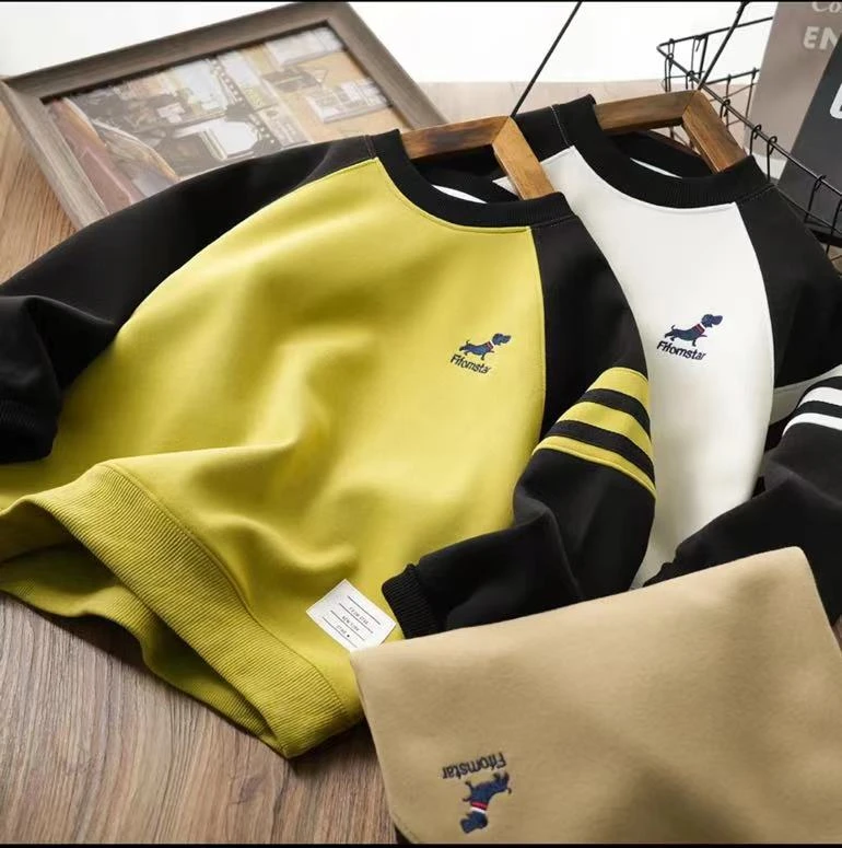 儿童春季拼接小狗刺绣休闲卫衣儿童中大童圆领百搭拉条上衣