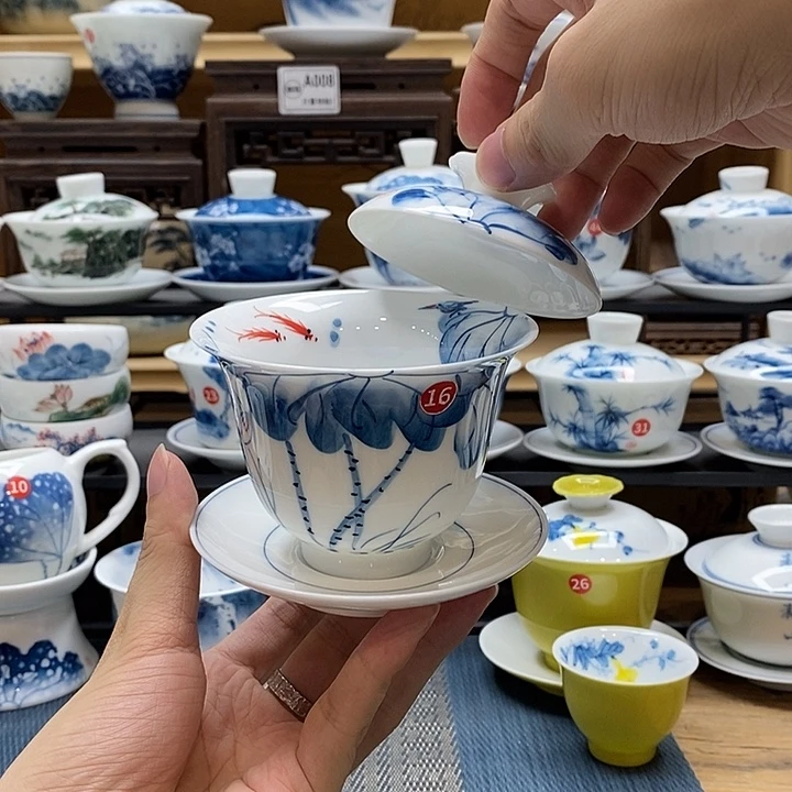 手绘内外绘荷花盖碗160cc釉下彩微瑕福利款